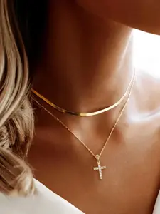 2pcs Elegant Rhinestone Decor Cross Design Pendant Necklace For Women For Gift, Minimalist Herringbone Chain Necklace, Clavicle Chain Necklace, Cuban Cross Necklace, Stainless Steel Jewelry