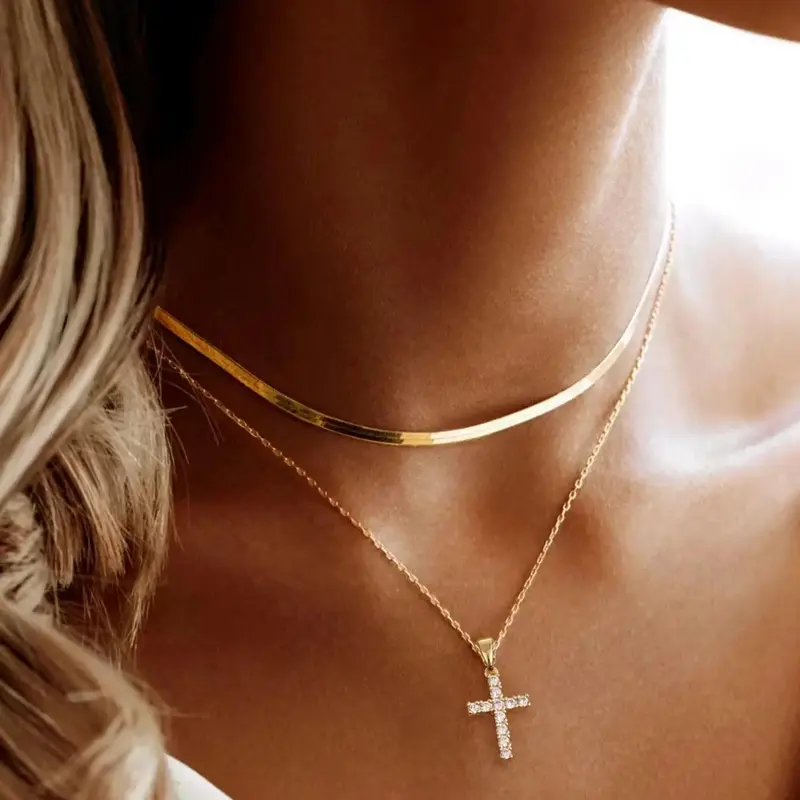 2pcs Elegant Rhinestone Decor Cross Design Pendant Necklace For Women For Gift, Minimalist Herringbone Chain Necklace, Clavicle Chain Necklace, Cuban Cross Necklace, Stainless Steel Jewelry, Rhinestone Decorated Cross, Clavicular Necklace