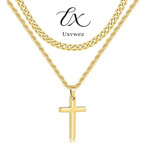 Uxvwez Cross Necklace for Men Women Stainless Steel Dual Layer Cuban Link Rope Chain Gold Black Silver Cross Pendant Jewelry Gift
