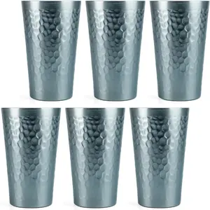 Arora Aluminum Metal Cups for Drinks, Metal Anodized Hammered Gray Tumblers Set of 6, Aluminum Drinking Cups for Father's Day Gift, 16 oz