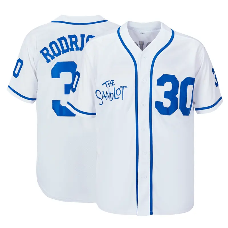 Men's The Sandlot Benny Rodriguez #30 90s Retro Stitched Baseball Jersey - V-Tie Button, White, Loose Fit, Machine Washable, Cold Wash Only, No Dry Clean, Embroidered Fan Top, M, L Sizes, Back