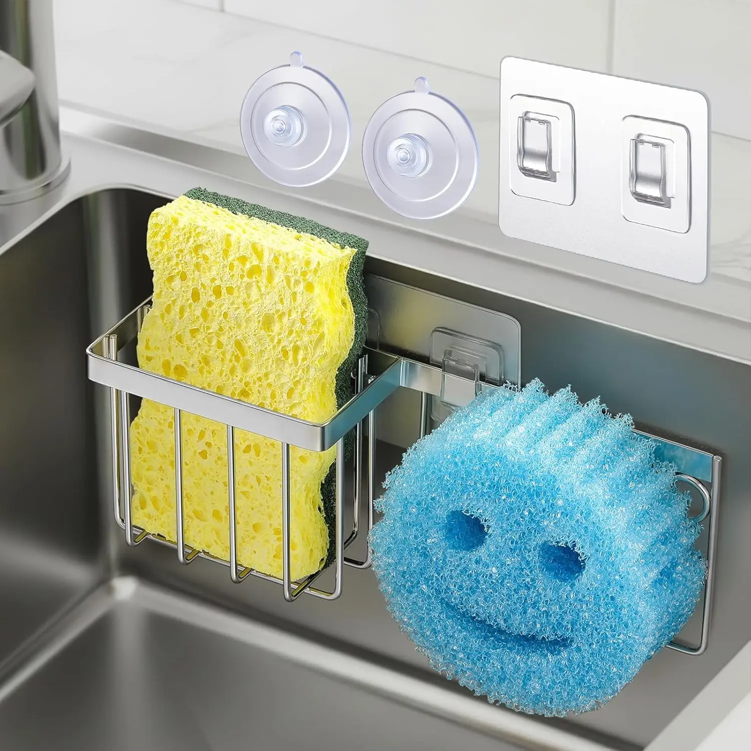 [Space Saving] Kitchen Sink Sponge Holder, Fits Scrub Daddy/Scrub Mommy Sponges, Rust-Proof Organizer for Dish Brush/Scrubber - 2 Mounting Options (Suction Cups & Hooks)