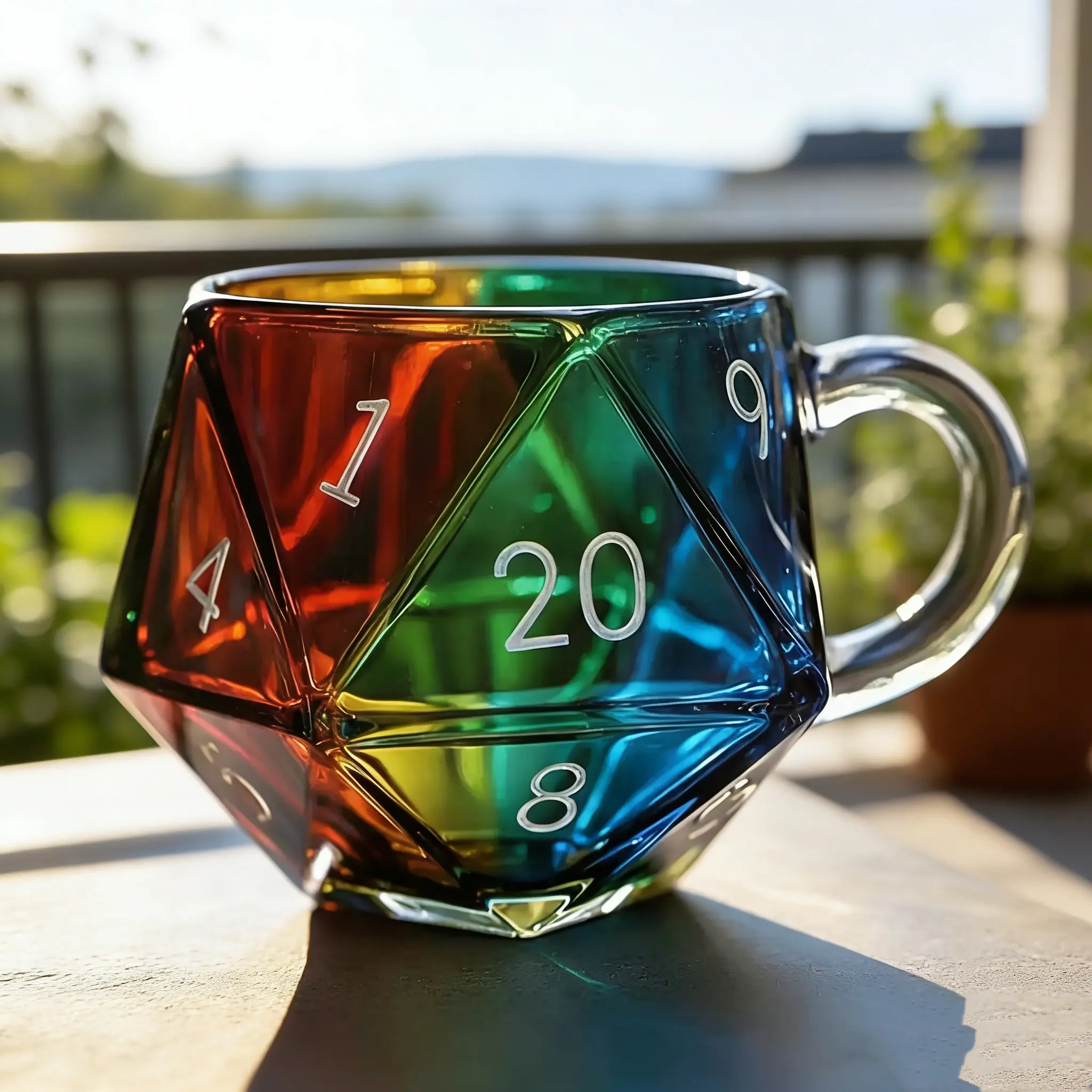 Rainbow D20 Dice Mug with Handle, Glass Mugs, Multifaceted Coffee Cup for Rpg Enthusiasts, Perfect Gift for Fantasy Game Nights, Beverage, Drinkware