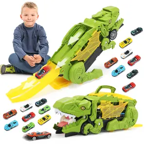 Dinosaur Transport Truck with 6 Racing Cars - Car Transporter Dinosaur Truck with Foldable Sliding Ramp - Dino Birthday Gift Toys for 3 4 5+ Year Old Boy - Toddler & Kids