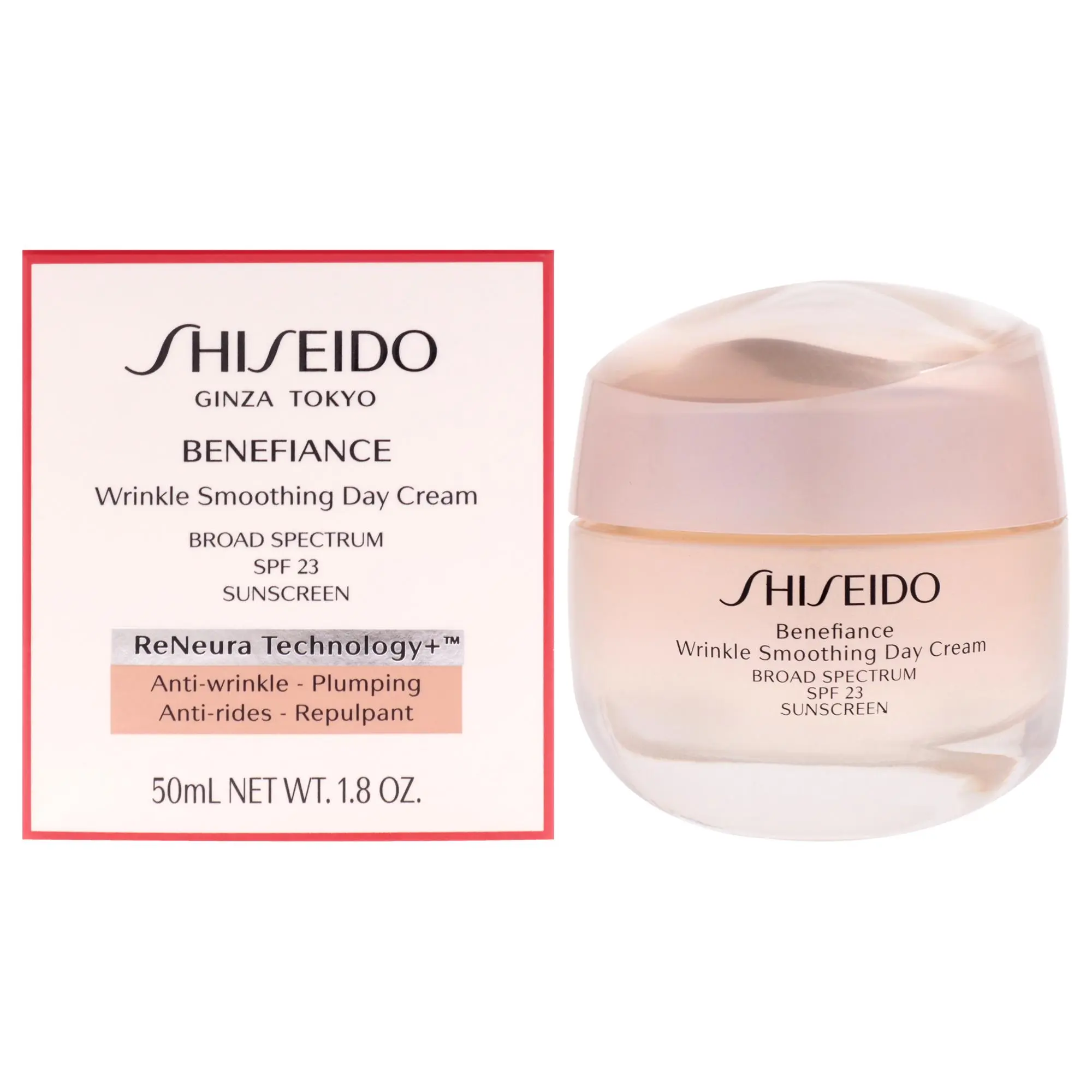 Shiseido Benefiance Wrinkle Smoothing Day Cream - Unisex, 1.8 oz (50ml), SPF 23, Sunscreen for UV Protection, Daily Wrinkle Reduction Cream