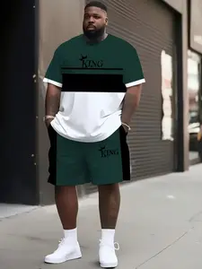 Men's Plus Size 3D King Striped T-Shirt and Shorts Set, Polyester Fiber, Summer Sports, Party, Travel Gift, Loose Fit