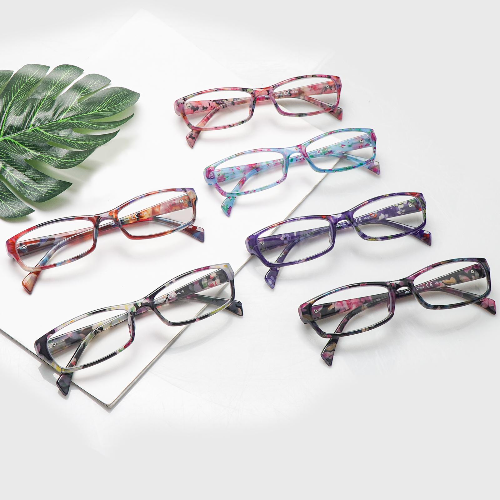 6-Piece Set Of Retro Blue Light-Blocking Reading Glasses, Rectangular Frames, Perfect For Women, Printed Design, Stylish Accessory, Spring Hinges, Durable Lenses, Exudes Charm, Ideal For Everyday Wear