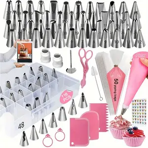This 116-piece cake decorating and baking tool set includes 55 types of pipe tips, 50 pipe bags, 3 types of cake spatulas, and a storage box.