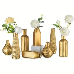 4pcs/8pcs Round Gold Glass Vase, Artistic Decorative Style, Gilded Finish Home Decoration, Living Room Kitchen Bathroom Bedroom Decor, Dining Table Centerpiece, Halloween Christmas Decor