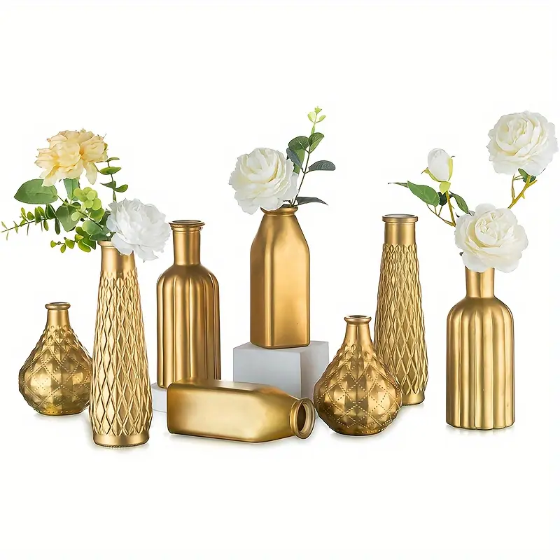 4pcs/8pcs Round Gold Glass Vase, Artistic Decorative Style, Gilded Finish Home Decoration, Living Room Kitchen Bathroom Bedroom Decor, Dining Table Centerpiece, Halloween Christmas Decor