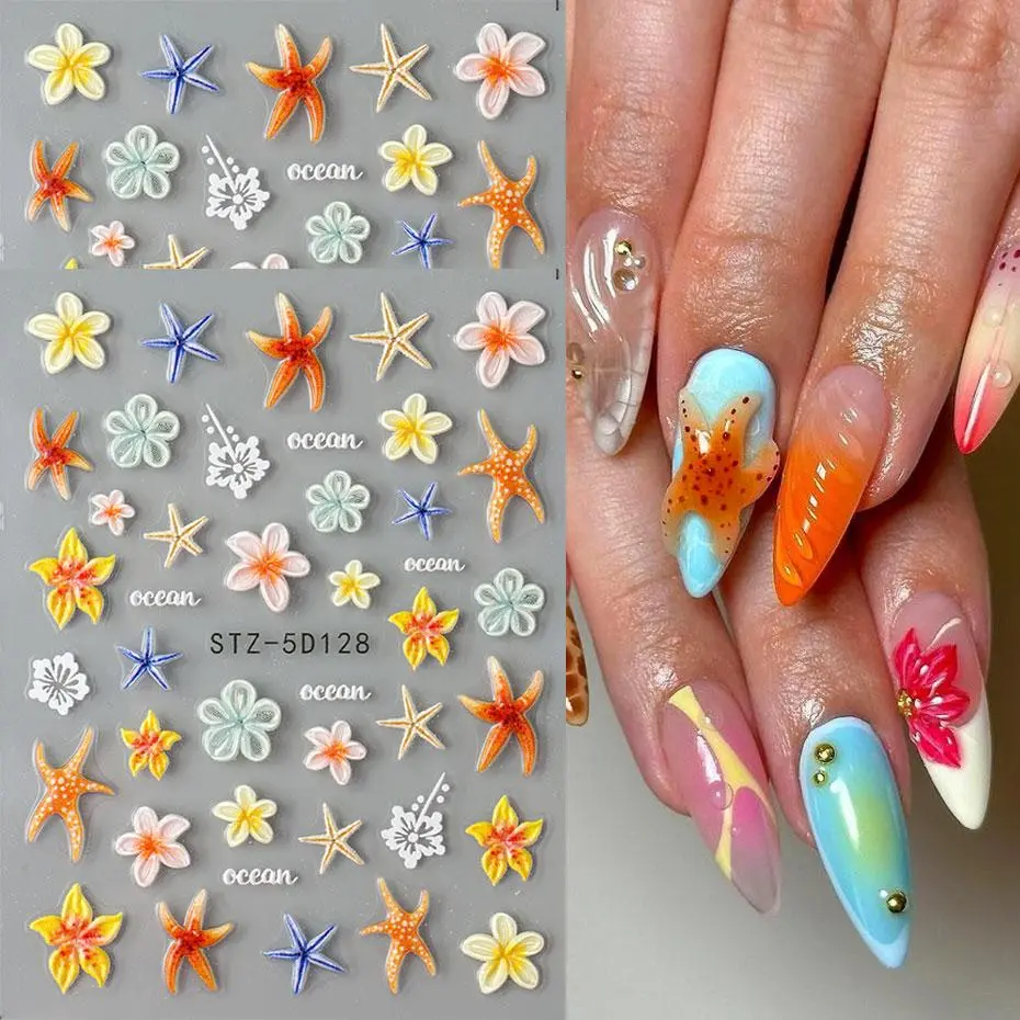 2pcs Kawaii Starfish Nail Decals 3D Blooming Floral Nail Art Stickers Summer Tropical Self-Adhesive Decal for DIY Manicure Decor