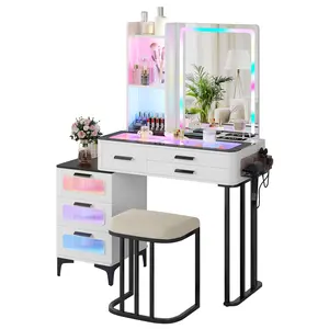 MiuVanity Set with 24-Color RGB Lights, Wireless Charging, HD Mirror, 6-Drawer Chest & Big Storage Furniture Organizing - Modern，for Christmas