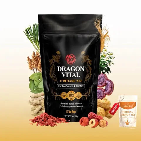 Dragon Vital Herbal Tea with Ginseng & Maca – Natural Energy & Endurance Support | Caffeine-Free Botanical Blend for Vitality & Active Living | 12 Tea Bags | by Robutop