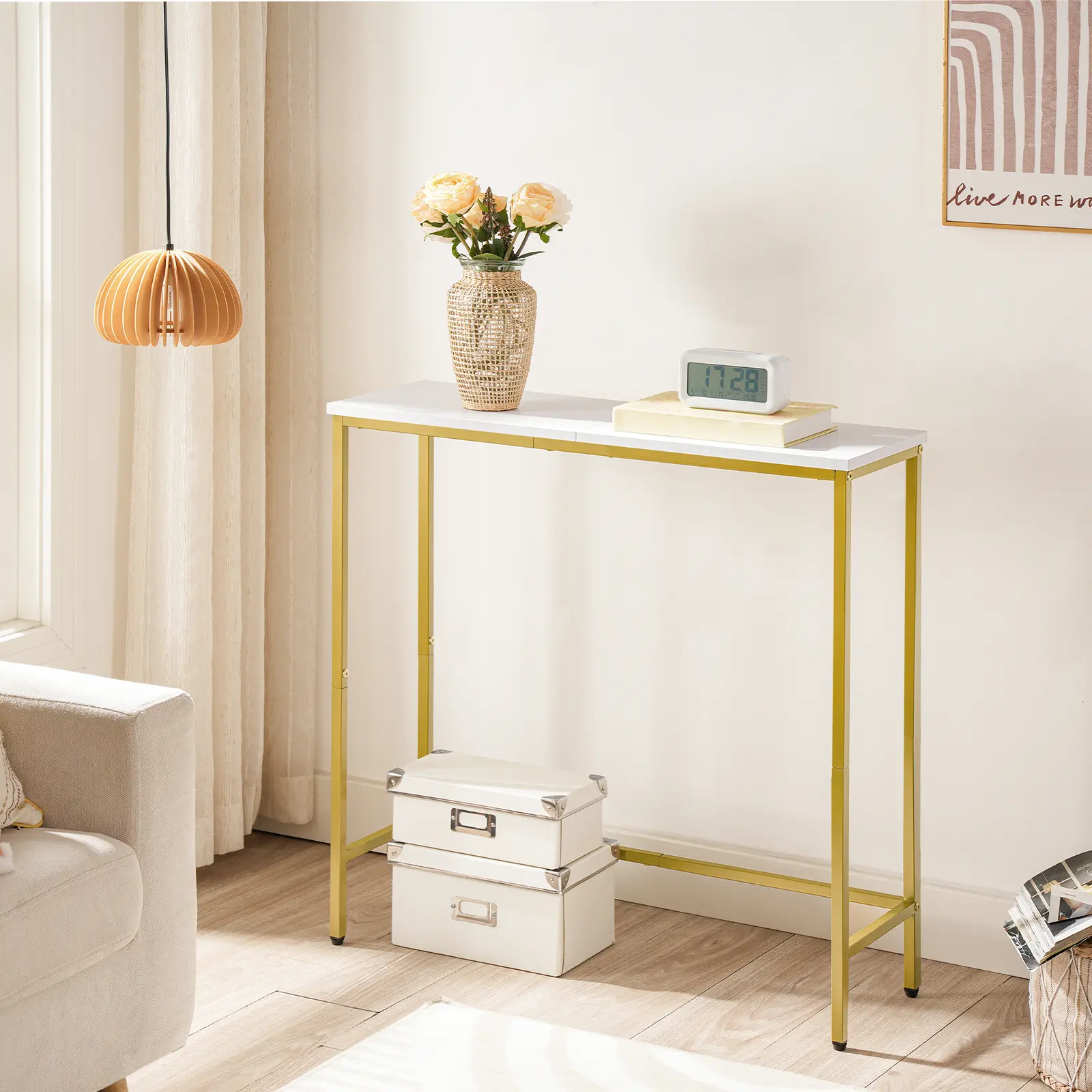 HOOBRO Narrow Console Table, 29.5" Small Entryway Table, Thin Sofa Table, Side Table, Display Table, for Hallway, Bedroom, Living Room, Foyer, White and Gold #SummerVibes
