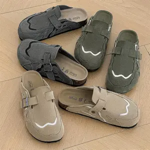 Women's sports slippers bag head slippers flat shoes women's shoes fashion jacket leather splicing men's shoes cork sole one pedal slippers non-slip outsole