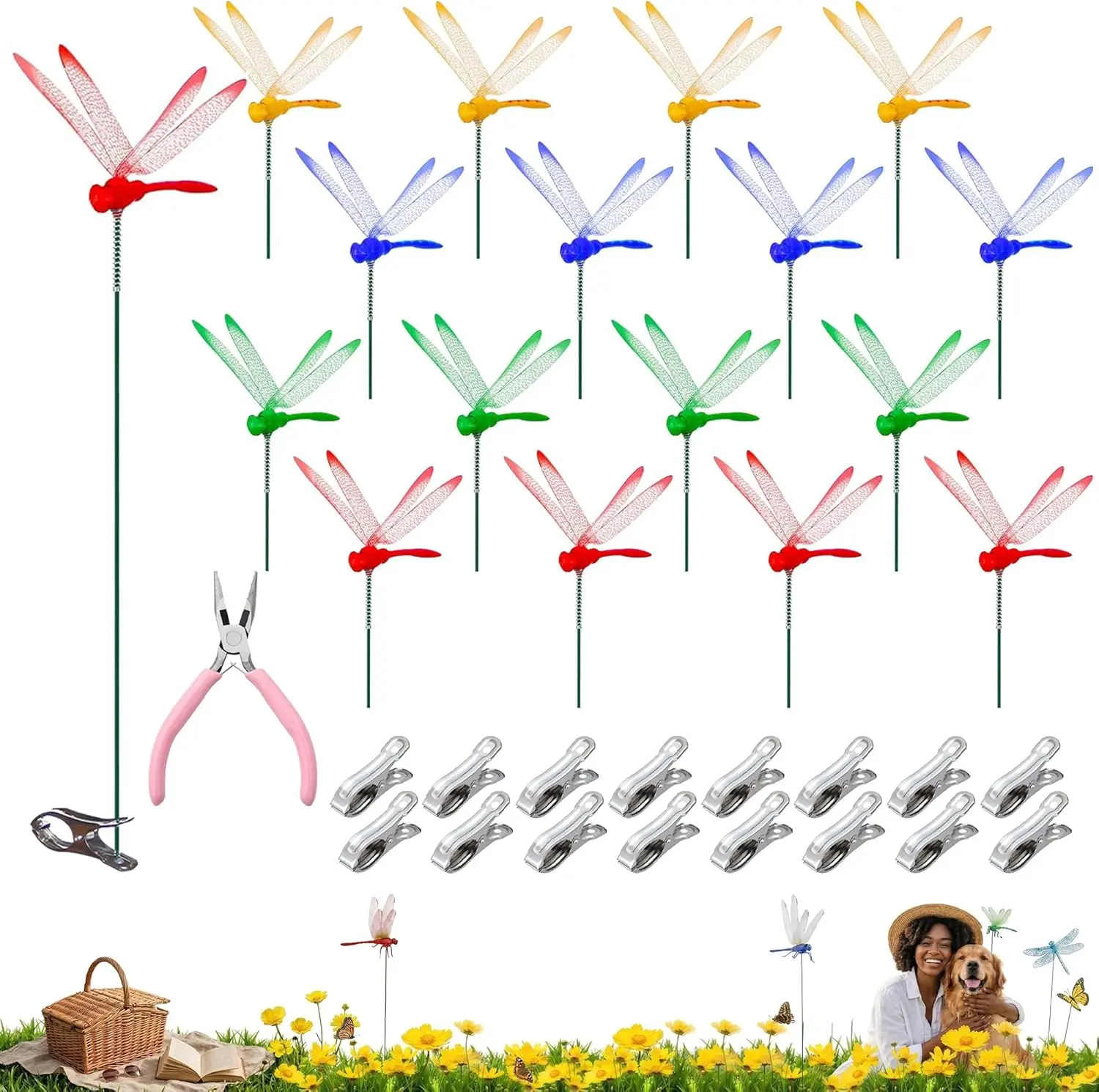 16 Sets Dragonfly Hat Clip Realistic Fake Dragonflies Clip-On Decor Stakes Dragon Fly Clips Plant Decorations for Pots, Includes Pliers & Clips - Small.