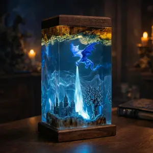 3D Dragon Resin Sculpture Fire Breath Castle Diorama Fantasy Home Decor Gothic Art Piece Wooden Base Desk Shelf Decoration Unique Gift for Dragon Lovers
