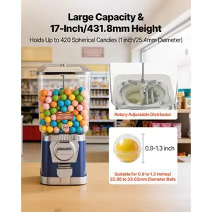 VEVOR Gumball Machine for Kids, 17H Home Candy Vending Machine, PC Gumball Dispenser, Bubble Gum Machine for Game Stores, Coin Operated Gumball Bank for Toy Capsules Bouncy Balls Candy, Blue