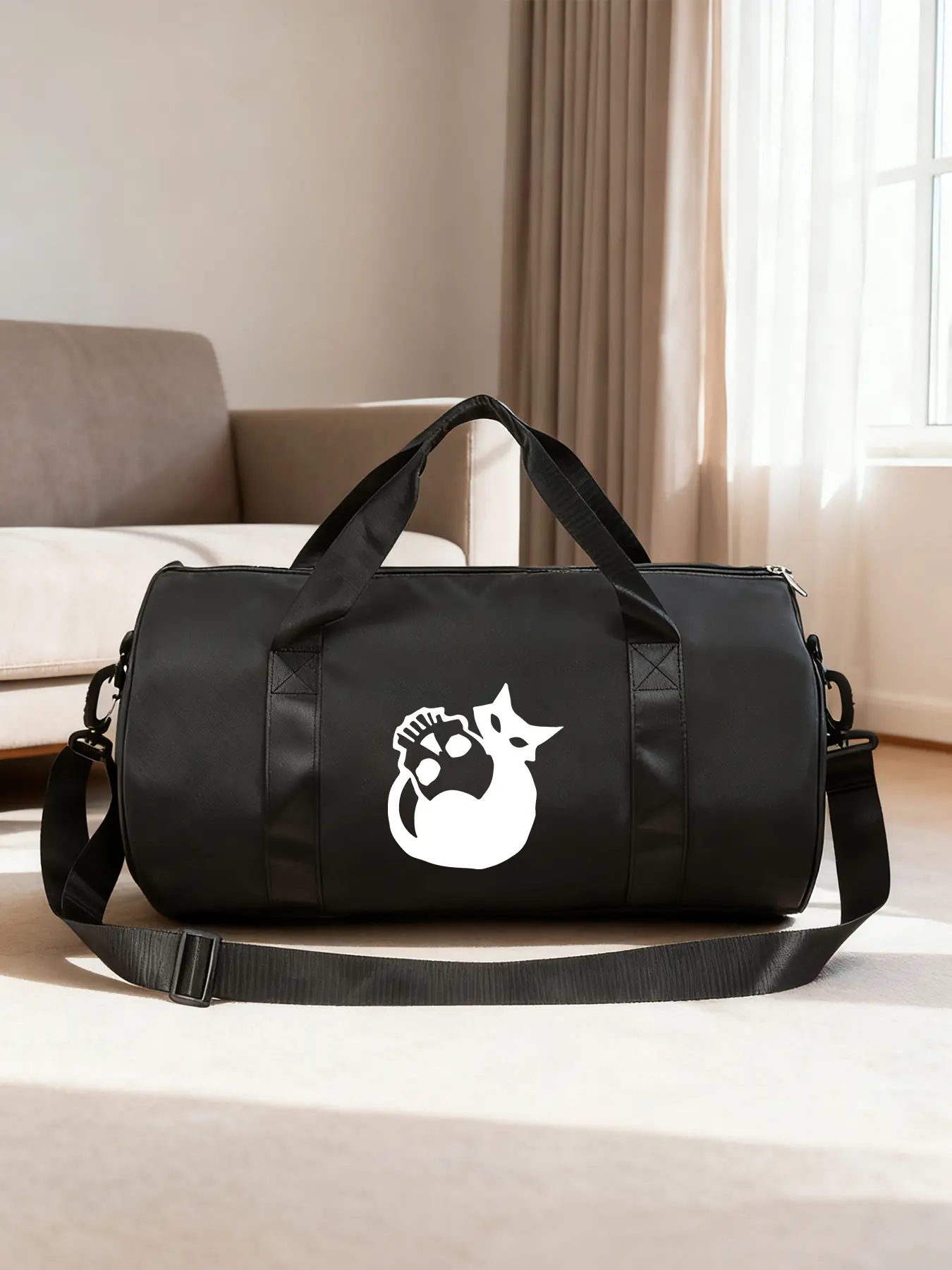 Cylinder Sports Bag with Black Cat and Skull Silhouette, Large Capacity Gym Travel Bag, Handheld & Crossbody Duffel Bag for Short Trips, Versatile Storage Bag for Fitness & Short Journeys, Yoga Mat Bag