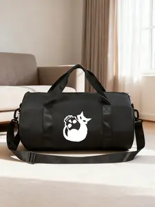 Cylinder Sports Bag with Black Cat and Skull Silhouette, Large Capacity Gym Travel Bag, Handheld & Crossbody Duffel Bag for Short Trips, Versatile Storage Bag for Fitness & Short Journeys