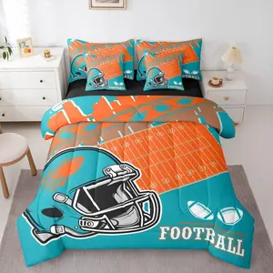 Football City Comforter Set with Sheets 7 Piece Bed Rugby Fans in A Bag Kids Boys Teen Room Decor,Sports Gaming Bedding Set,Orange Teal Bed Set for Adults Men (Miami)
