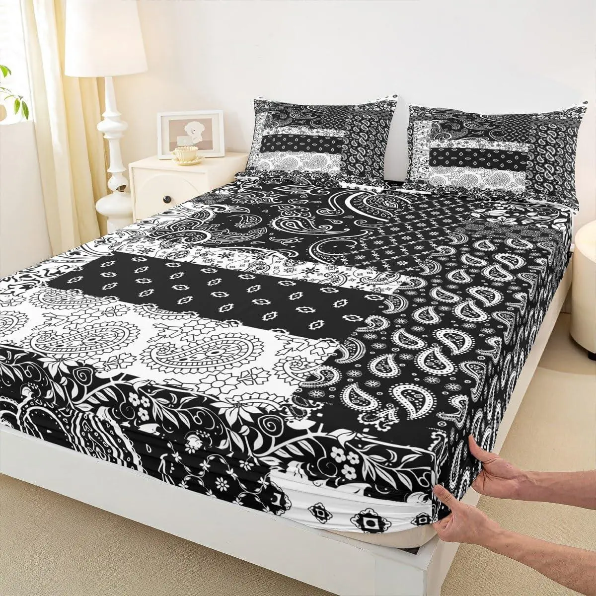 Feelyou Vintage European Boho Deep Pocket Fitted Sheet Set - Exotic Black Paisley, Geometric Lattice, Patchwork Designs, Decorative Bed Cover for Women's Room Decor, Boho Print Dark Patterned Sheets