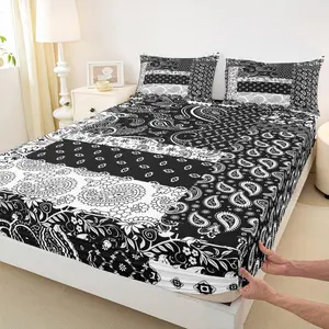 Paisley Bed Sheet Set,Geometric Lattice Patchwork Fitted Sheet Vintage European Print Bedding Set for Woman Adults Room Decor,Boho Exotic Seasons Bed Cover,Black
