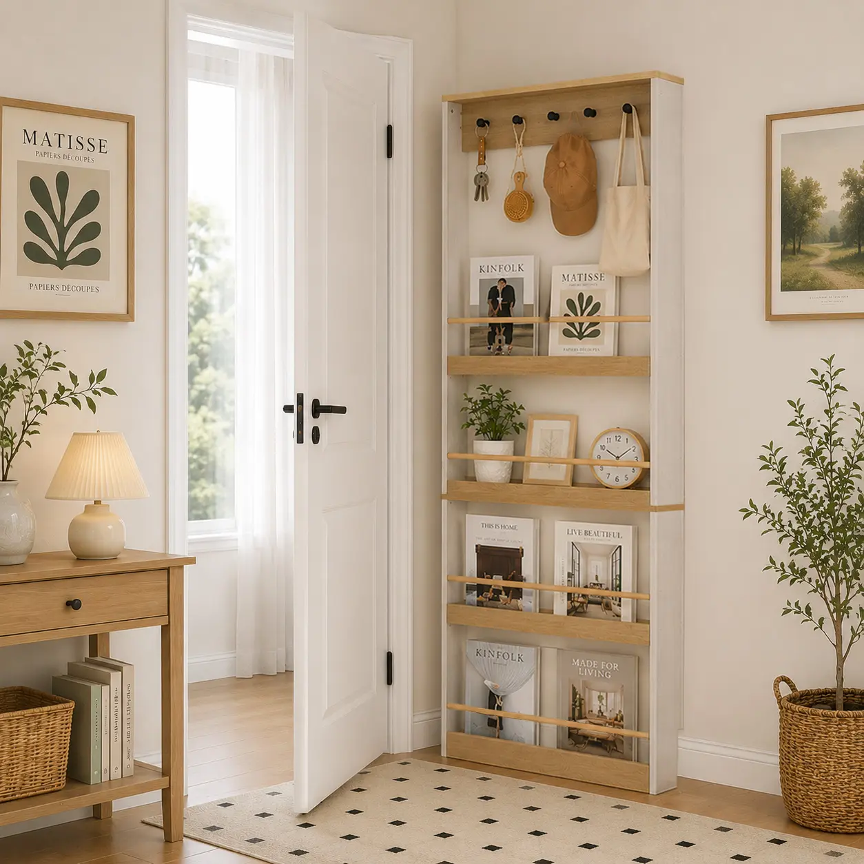Behind The Door 70.87" Tall Bookcase with 4 Shelves and 5 hooks, Space-Saving Narrow storage cabinet for Living Room, Study Room, Kitchen, Corridor-Antique White