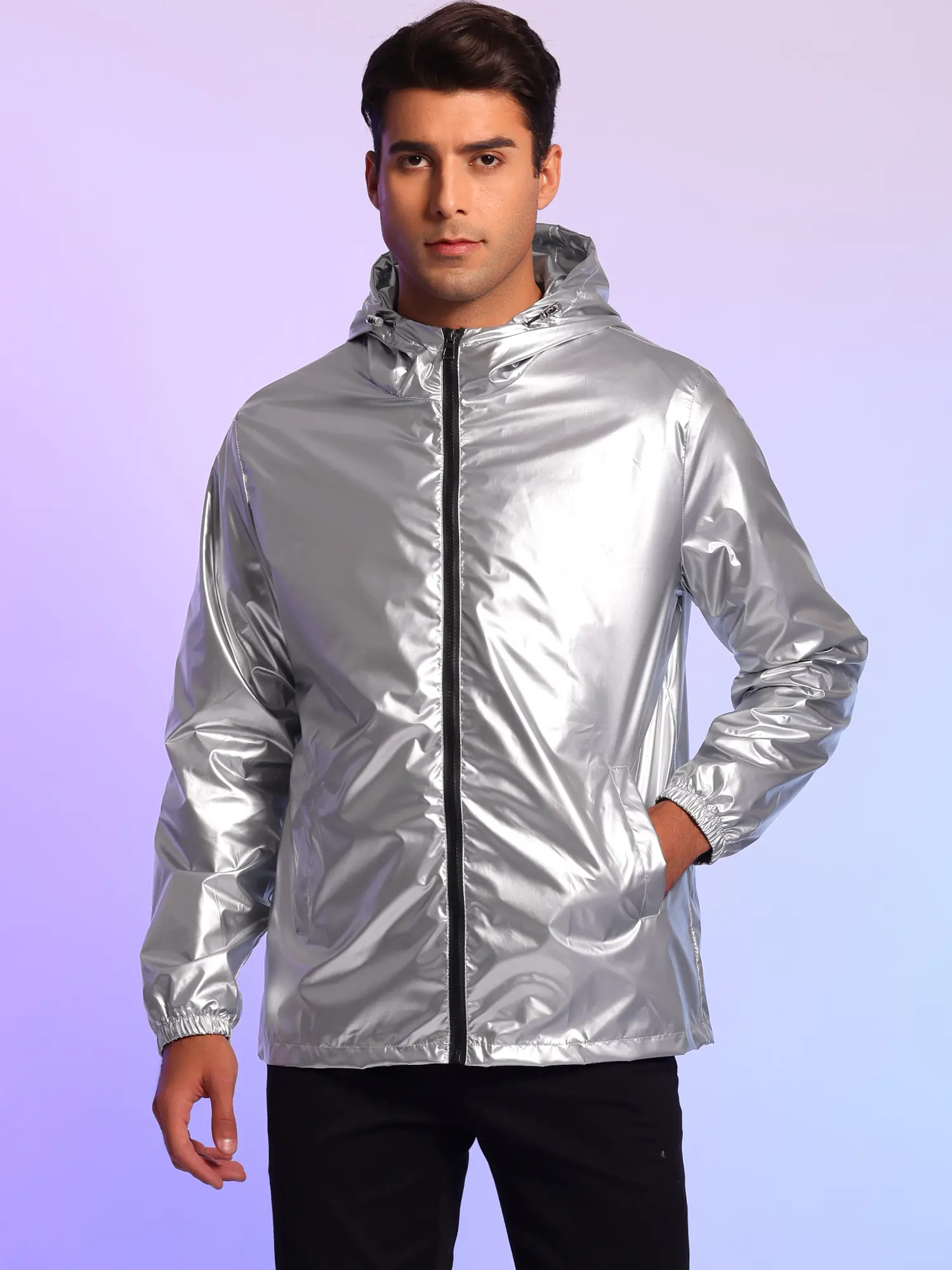 INSPIRE CHIC Mens Metallic Long Windbreaker - Casual Menswear Coats, Shiny Holographic Winter Costume Jacket