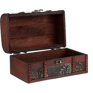 Vintage Wooden Treasure Chest Box - Medium Home Organizer for Kids' Pirate Keepsakes, Jewelry, and Pearl Trinkets