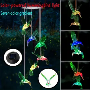 Solar Wind Chime Light with Crystal Hummingbird - 6 LED, Auto On/Off at Dusk & Dawn, Rechargeable Battery - Outdoor Garden Decor, Patio, Gift