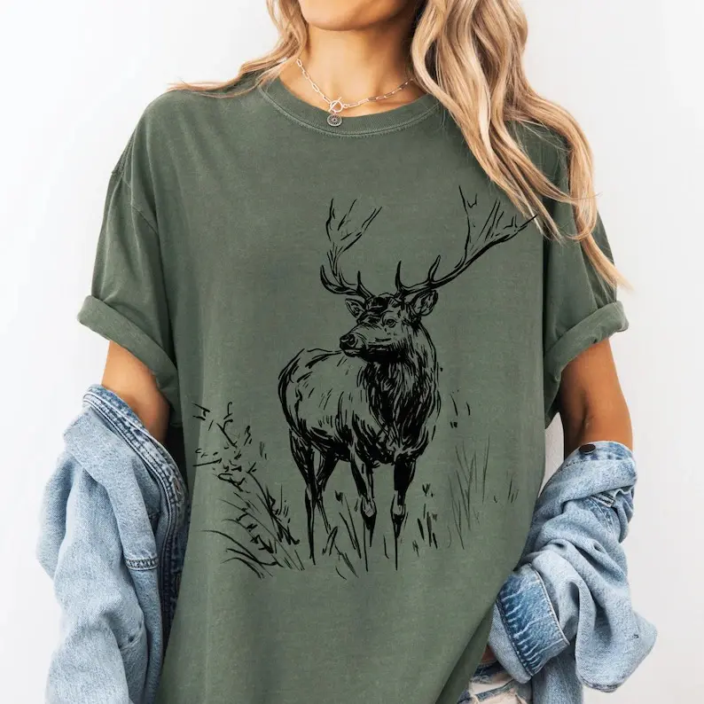 Comfort Colors Hand Drawn Deer T-shirt, Vintage Wildlife Sketch Tee, Shirt for Nature Lovers, Hunters, and Campers