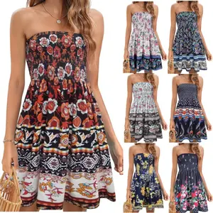 New Fashionable Printed Beach Vacation Strapless Dress