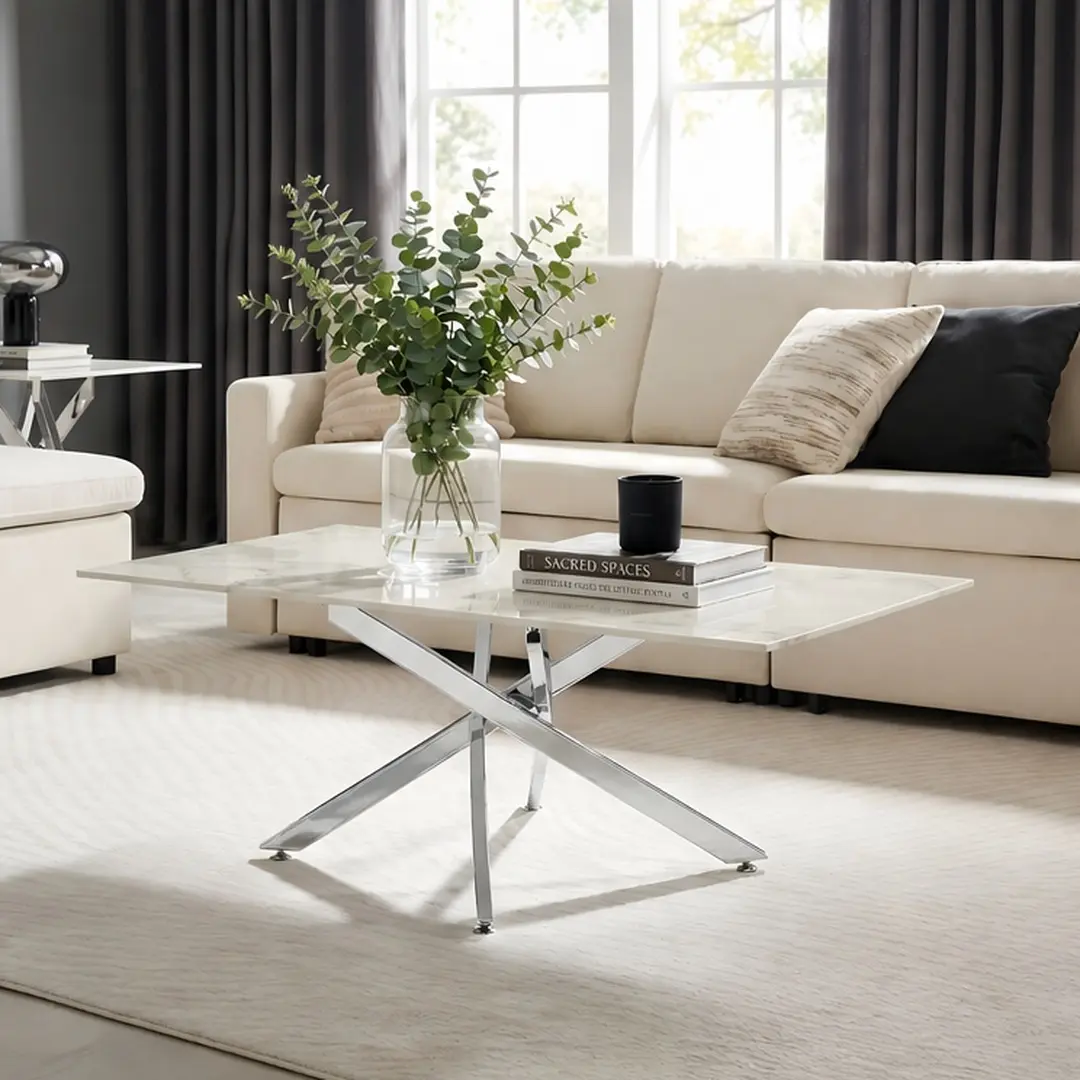 Faux Marble Coffee Table with Tempered Glass Top Rectangle Center Table for Living Room Small Spaces Modern Minimalist Luxury Furniture Silver/White or Gold/White Options, Gold+White/Silver+White Color Options, Metal/Tempered Glass Material