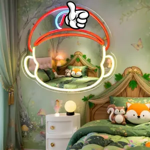 Game Style LED Neon Mirror with Light, Cartoon Hat Vanity Mirror, Cute Wall Decor for Bedroom, Kids Room, Gaming Room, Makeup Mirror with Soft Glow, USB Powered Neon Light Mirror for Girls Boys, Aesthetic Room Decor Gift Idea