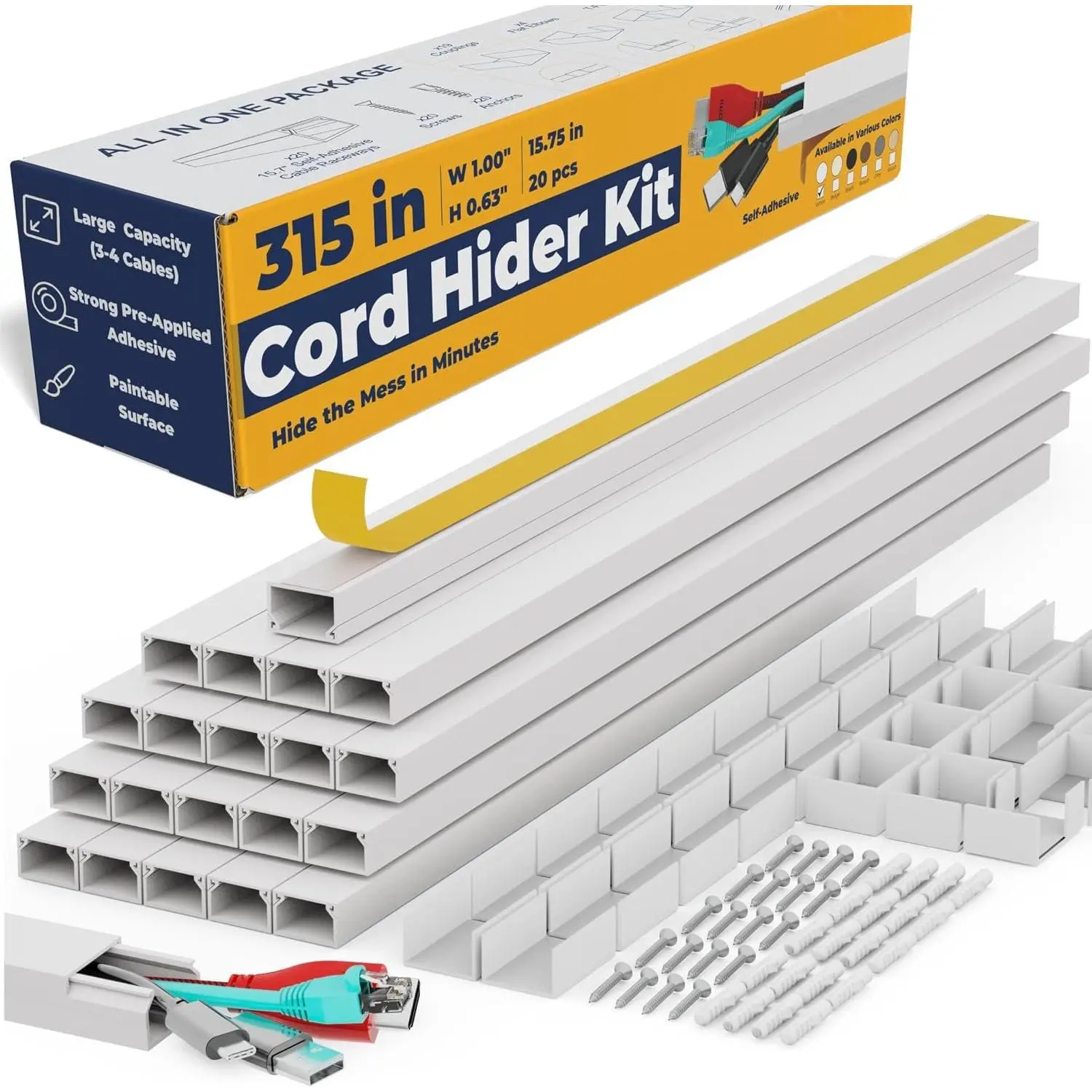 Cord Hider, Wire Cover, Cord Covers Wall Mounted TV,  Hider, 315 in Paintable White Raceway Kit, Electrical Cords Concealer,  Management,  Cords Wall, Wire Molding, Adhesive