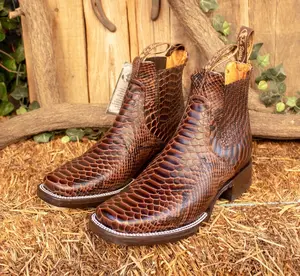 MENS LEATHER COWBOY snake skin faux square toe half boots botines
