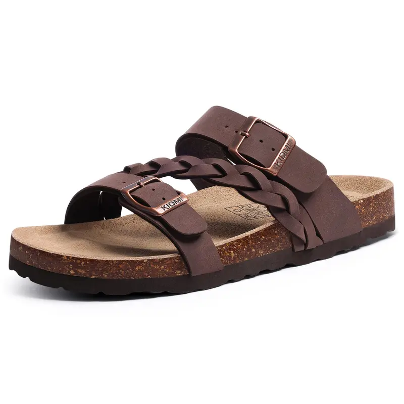 KIDMI Fashion Women's Cork Footbed Sandals With Arch Support Comfortable Slip-On Slides Sandals With Adjustable Buckle For Summer