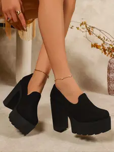 Women's Black Suede Chunky Platform Block Heel Loafers Slip-On Round Toe Fashion Pumps Retro Punk Style Party Clubbing Shoes Non-Slip Comfortable Formal Dress Footwear