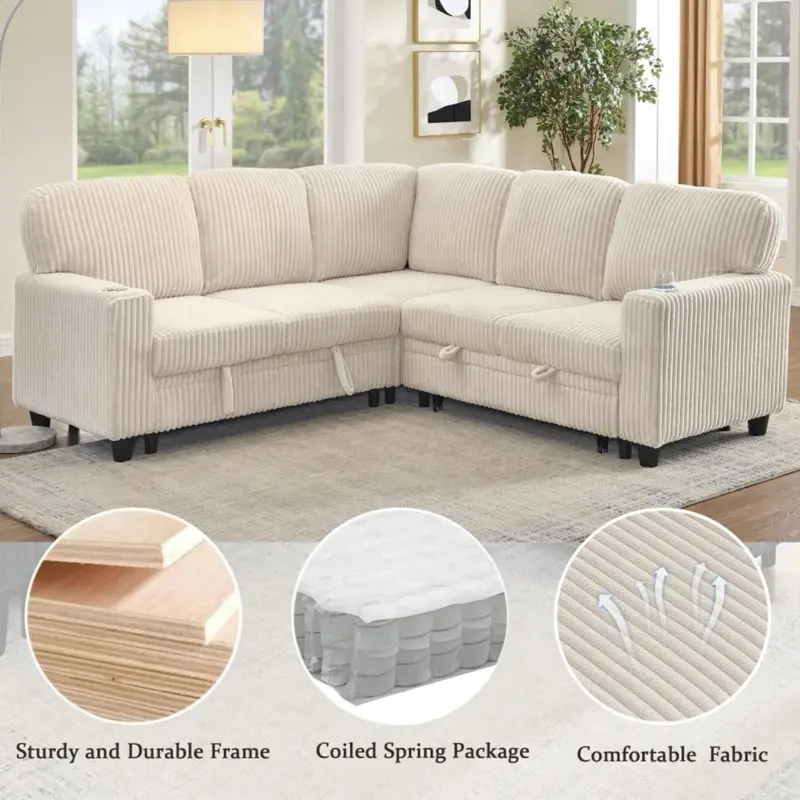 Beige 5-Seater L-Shaped Sleeper Sofa Bed - with Built-In Storage and USB Charging Ports