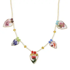 Resin, Multi Color Glass Necklace with Dry Flowers Filled Heart Charms in Goldtone 20-22Inches