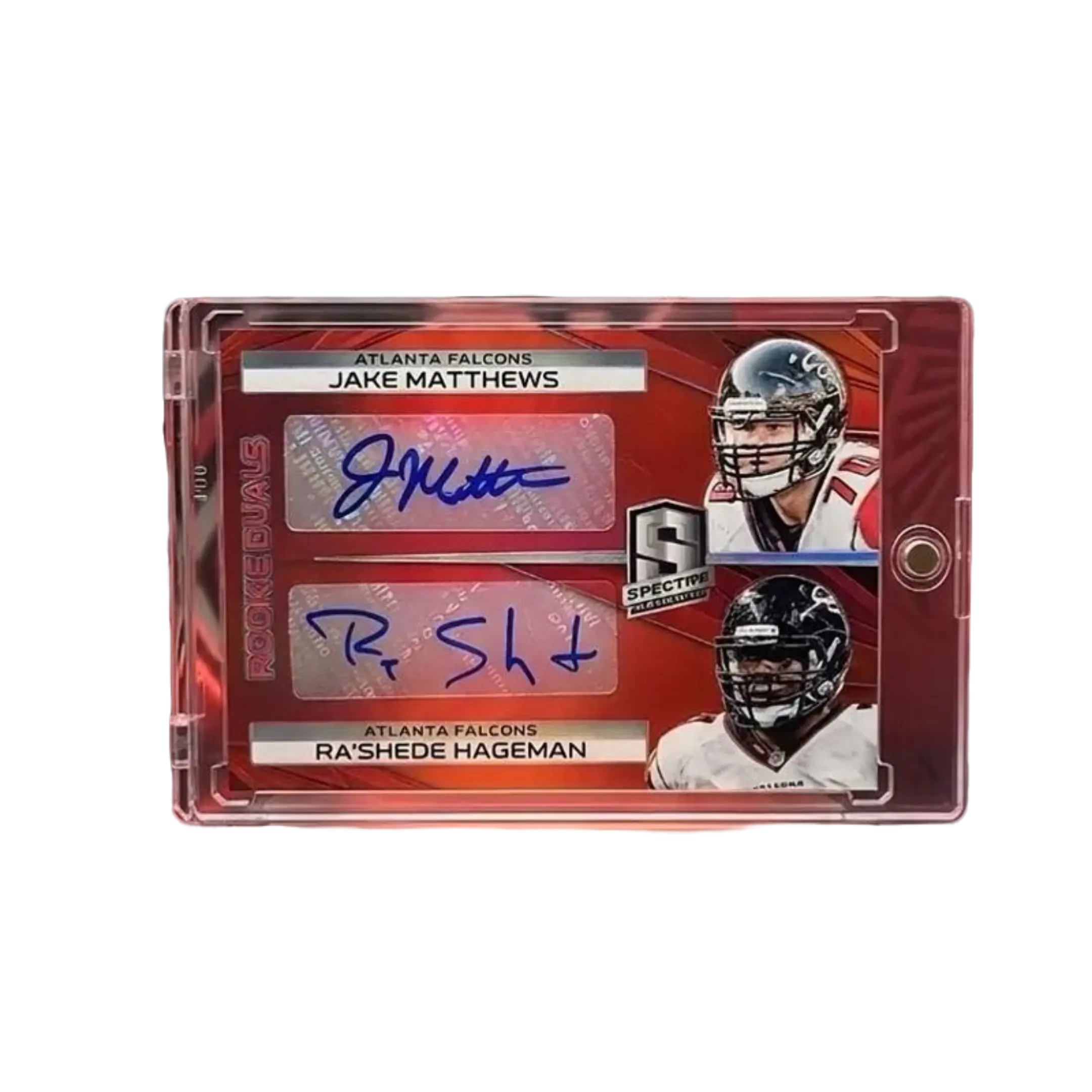 2014 Jake Matthews & Ra'Shede Hageman Spectra Rookie Duals Red Autographed Card, /10 Limited Edition, Atlanta Falcons Collectible