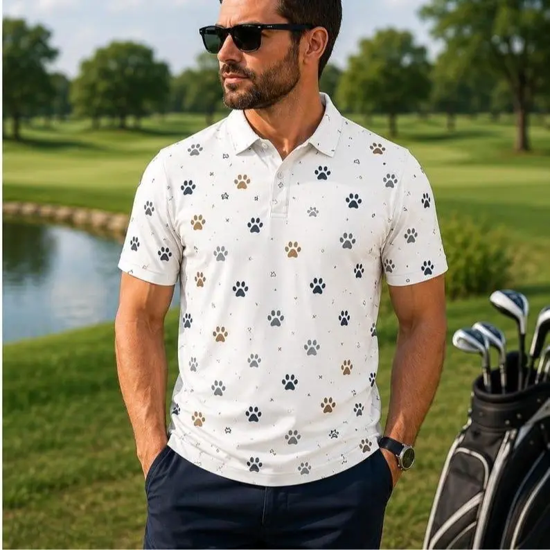 Dog Paw Print Golf Polo Shirt for Men and Women, Funny Pet Lover Button Up Polo, Casual Golf Apparel, Gift for Dog Lovers