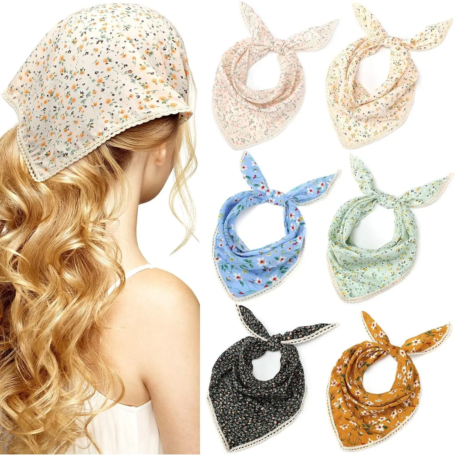 6 Pcs Floral Hair Bandanas Head Kerchief Women Bandana Print Chiffon Hair Scarf Triangle Head Kerchief with Ties