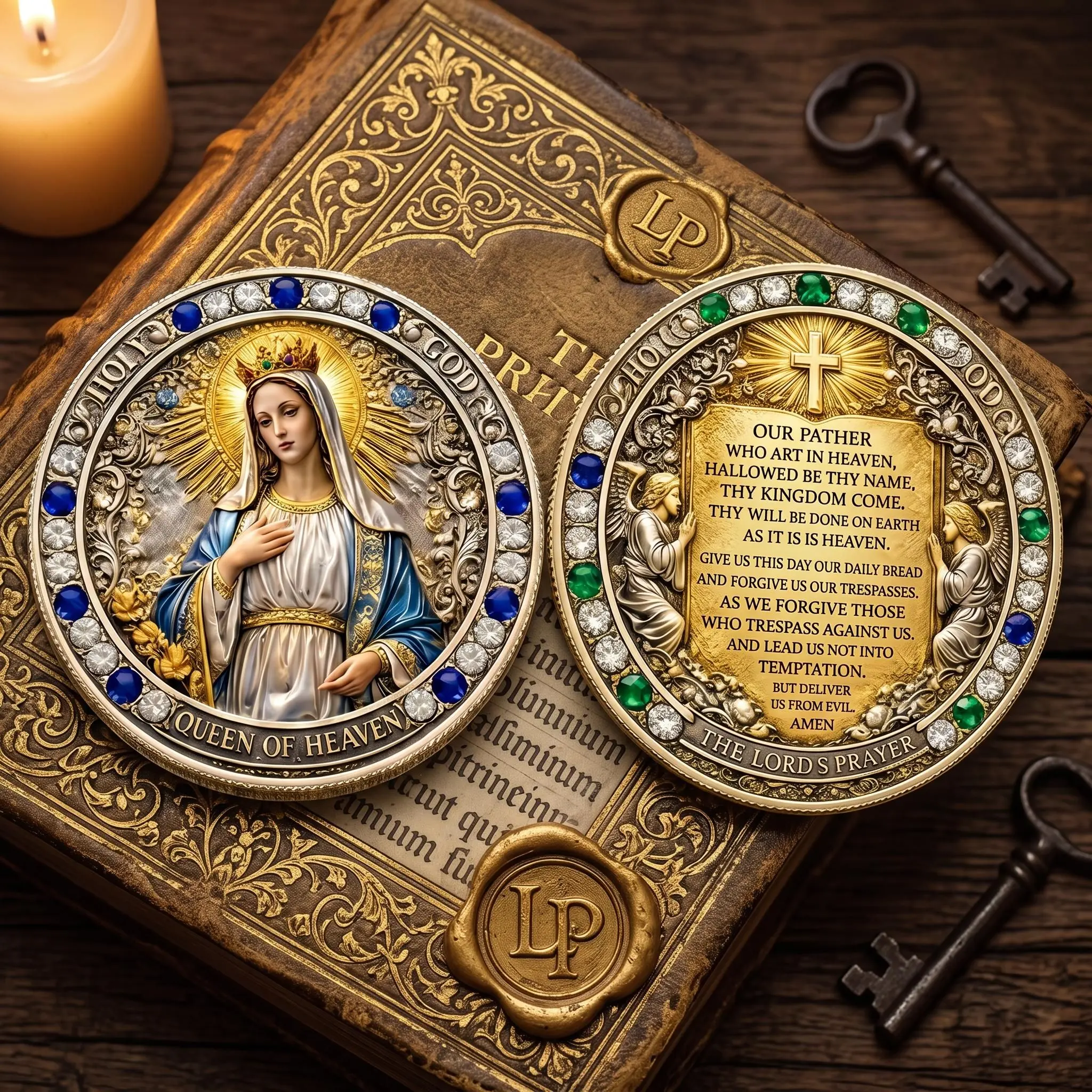 Lords Prayer Coin, Virgin Mary Queen of Heaven Medal, Christian Challenge Coin Religious Catholic Blessing Devotional Token