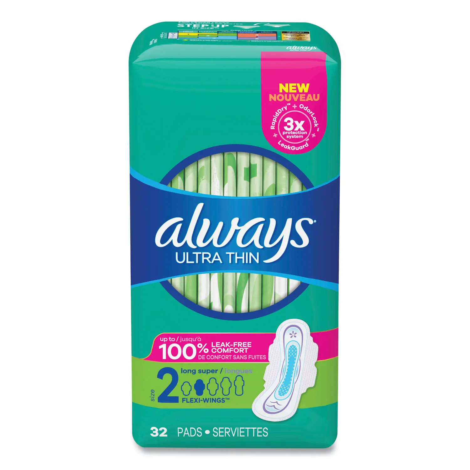 Always Ultra-Thin Unscented Winged Day Pads - Size 2 Long, Super Absorbent, Leak-Free, Long Wings, Odor Lock, 32-Pad Pack (97020PK), Fsa Eligible