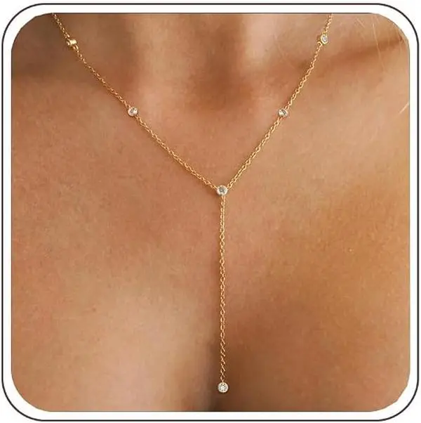 Women's Cubic Zirconia Drop Y-Shape Lariat Long Necklace - Dainty Elegant Costume Jewelry, Trendy Statement Gift for Women