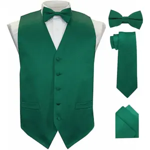 Vittorio Farina Men's Satin Vest, Necktie, Bow Tie and Pocket Square Set Hunter Green