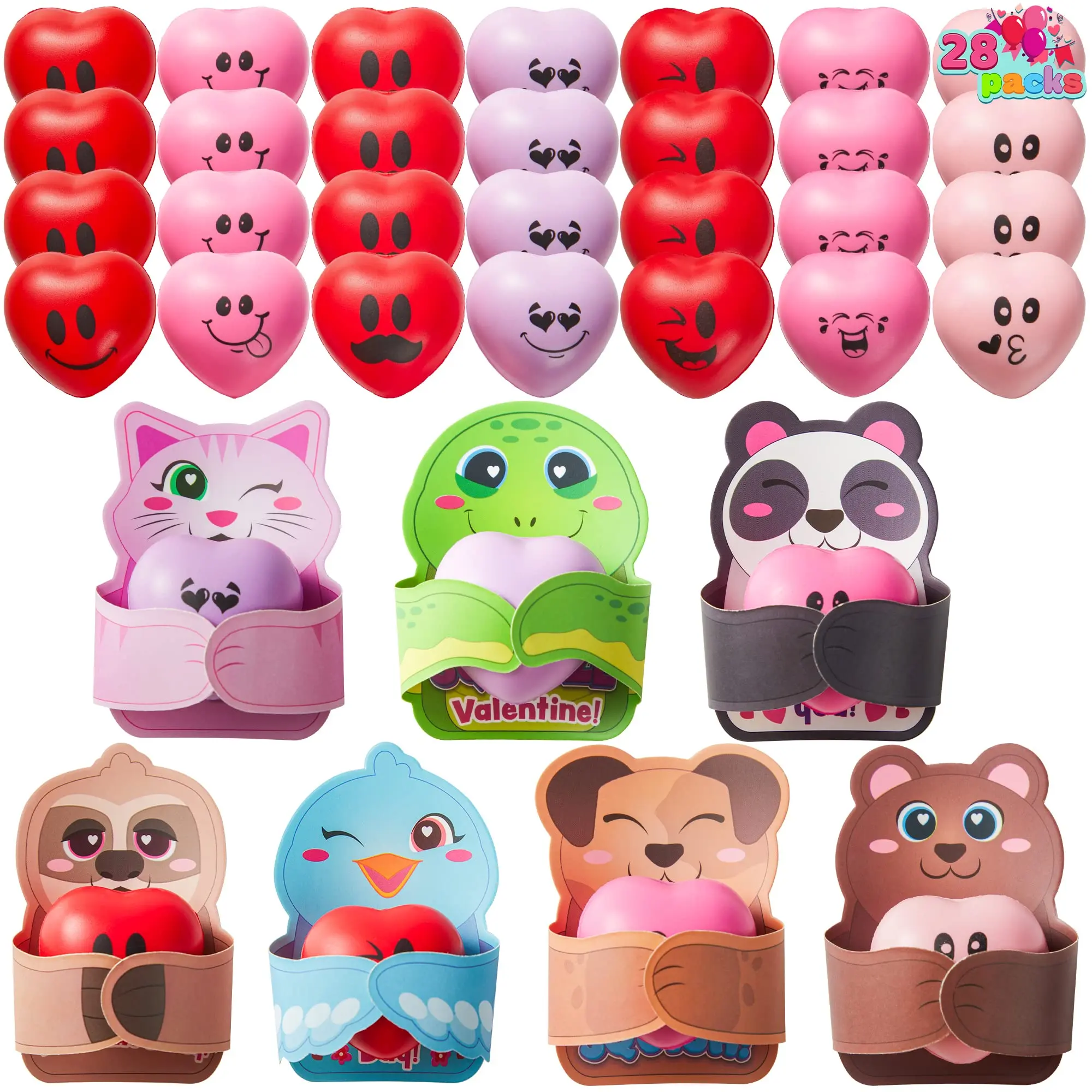 JOYIN 28 Packs Heart Stress Ball with Valentine Cards Heart Shape squishy toy Stress Relief Fidget Toy with Valentine’s Greeting Cards for Kids Valentine's Day Gifts Party Favors, Classroom Exchange