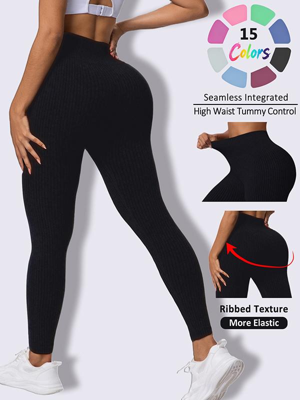 Fashion Candy Colors Women High-Waisted Butt-Lifting Tummy-Control Leggings, Soft Comfortable Breathable Elastic Ribbed Texture Sport Pants, Gym Workout Yoga Fitness Leggings, Suitable For Casual and Versatile Styles, Everyday Wear Must-Have For Wardrobe